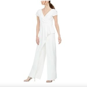 Adrianna Papell Crepe Cascade V Neck Wide Leg Dressy Evening Jumpsuit White